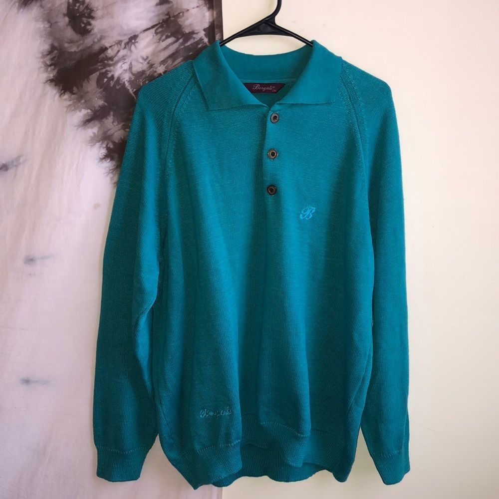 Bergati Vintage Quarter Button Sweater Teal w Embroidered Logo